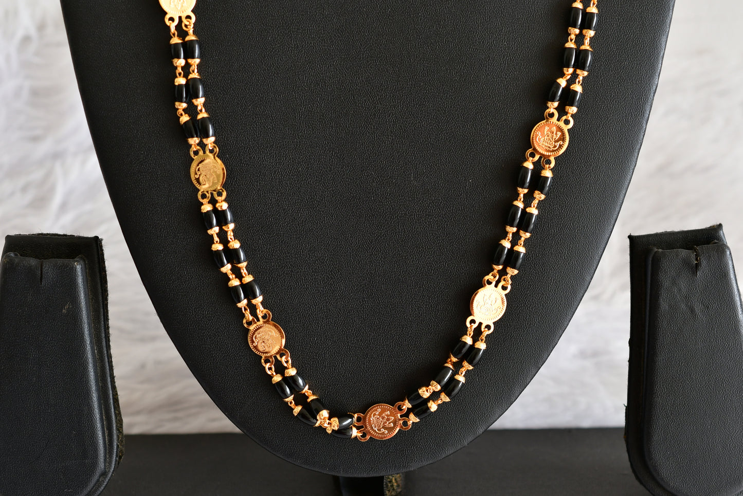 Gold tone 30 inches black beaded Lakshmi coin chain dj-51839