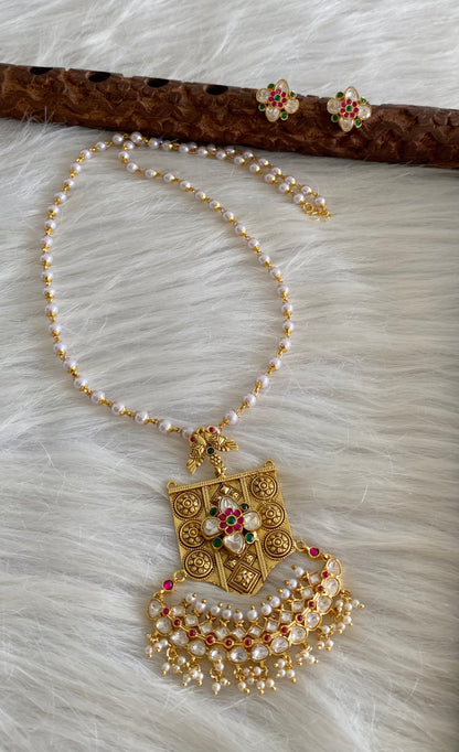 Antique gold tone Kundan jadau pearl chain with pendant set dj-53856