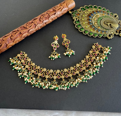 Matte finish kemp-green lotus pearl cluster choker necklace set dj-52127