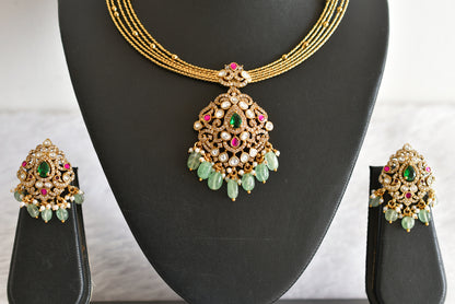 Antique gold tone pink-green kundan jadau kante necklace set dj-52422