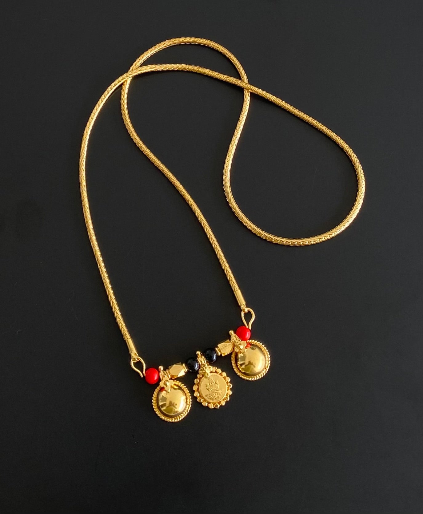 Gold tone 24 inches coral-black beads lakshmi coin bottu mangalyam dj-54111