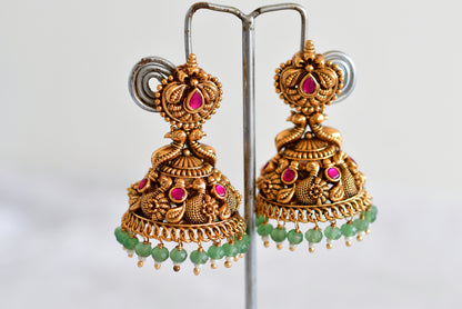Antique gold tone pink green beaded swan jhumkka dj-52504