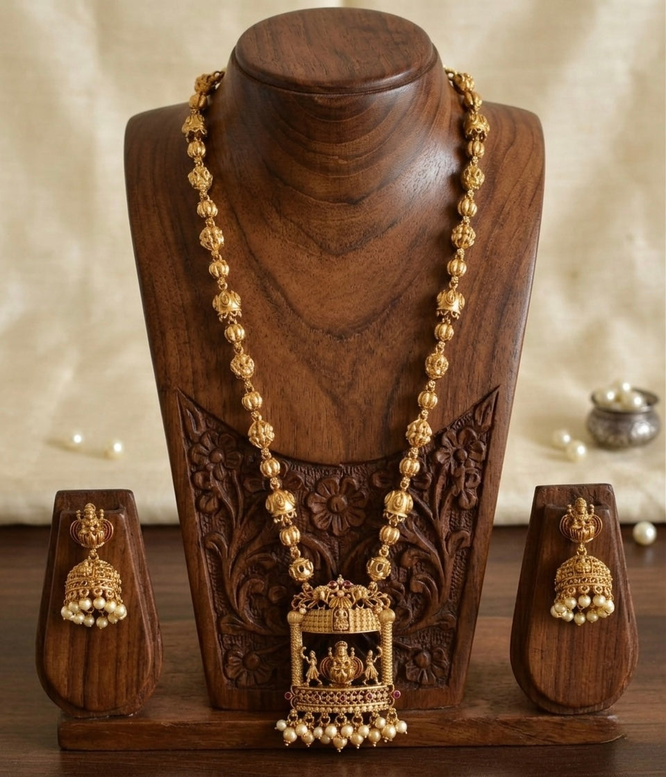 Antique gold tone pink-green lakshmi peacock haar set dj-52433