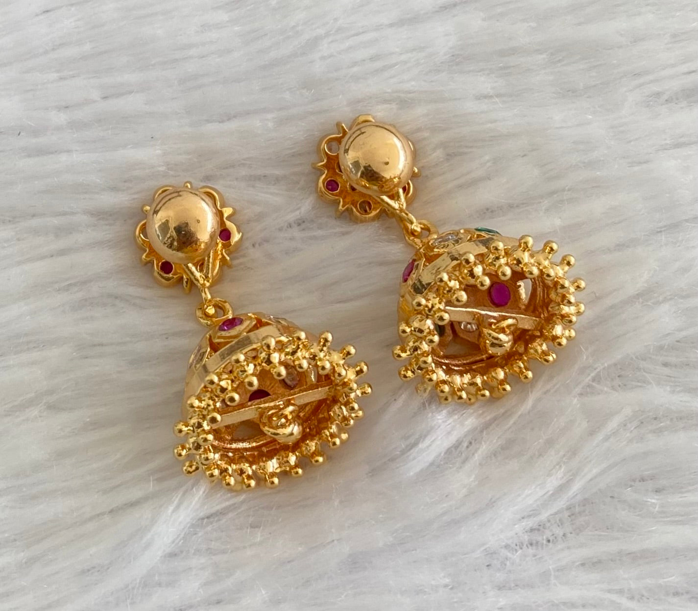 Gold look alike AD ruby-green-white stone jhumkka dj-53583