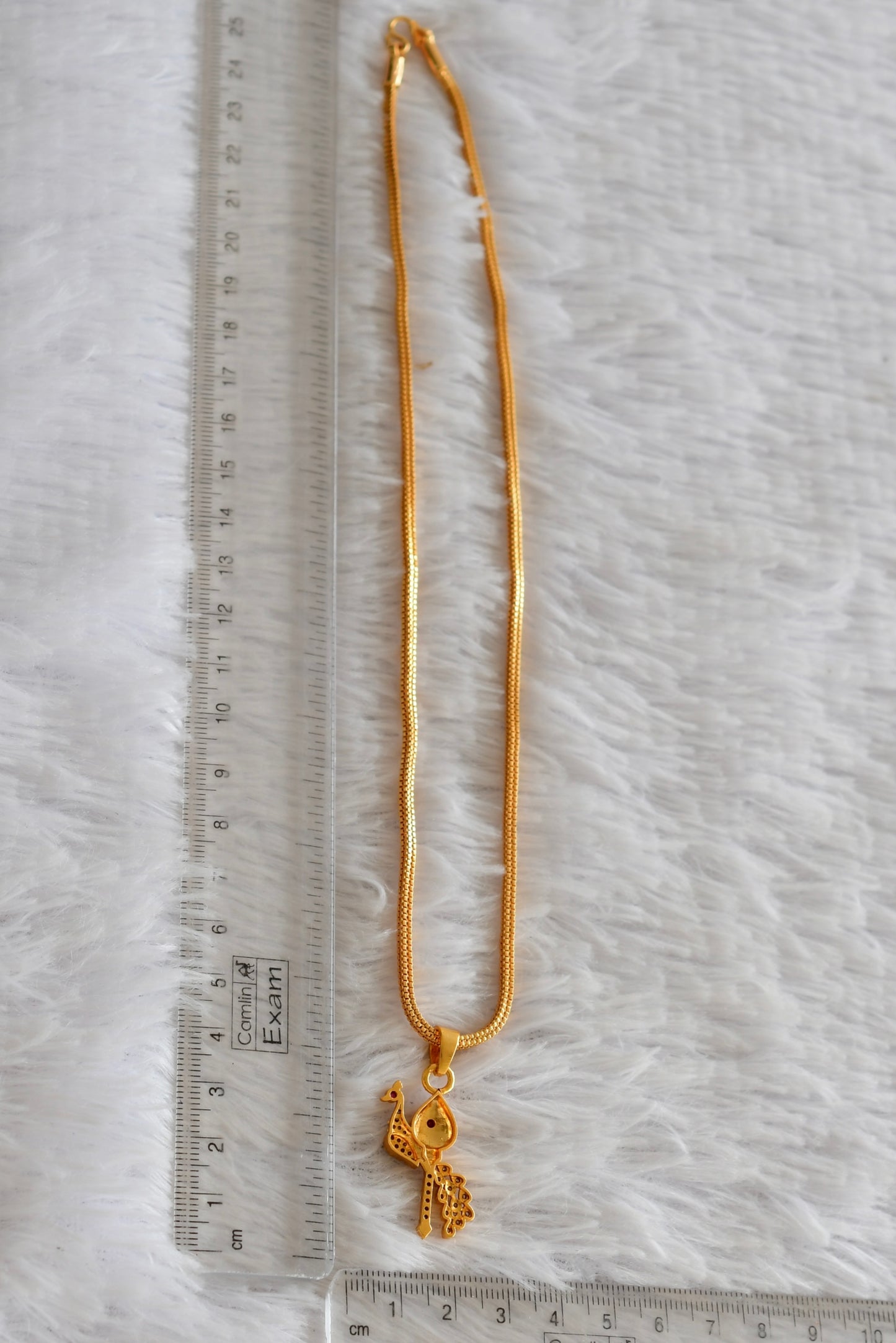 Gold tone 18 inches chain with pink-white stone vel-mayil pendant dj-51905