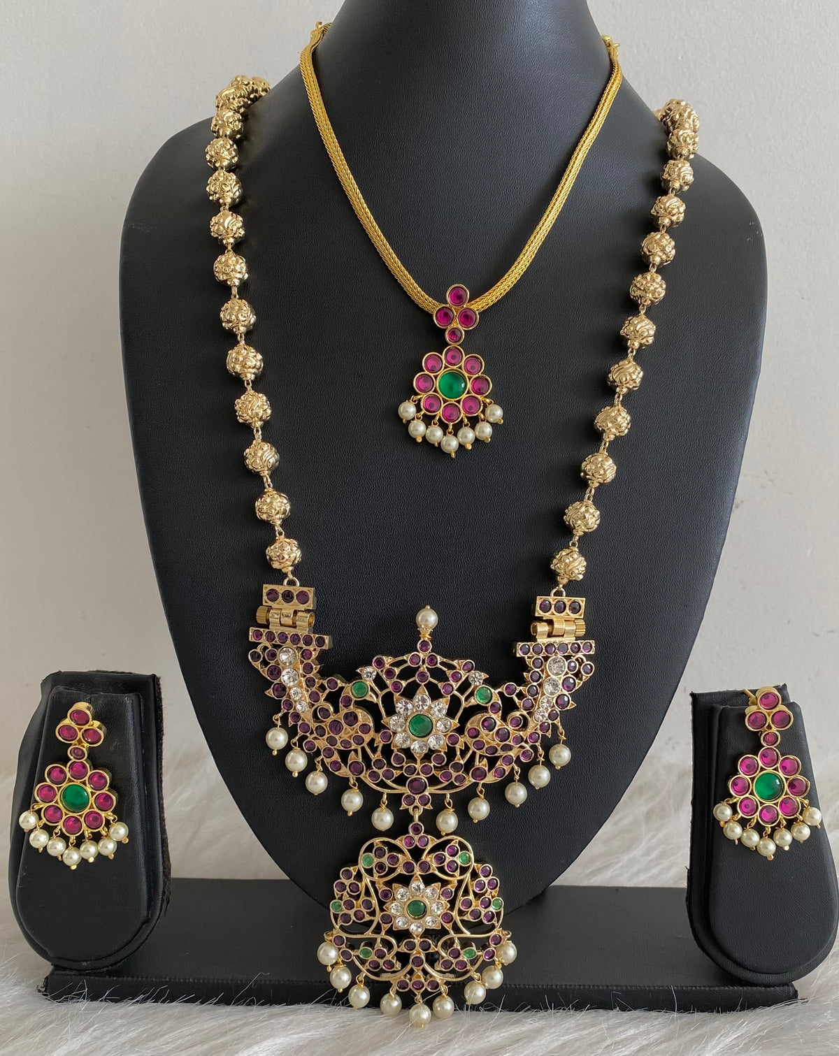 Gold tone precious kemp-green-white pearl peacock nakshi beaded combo set dj-54944