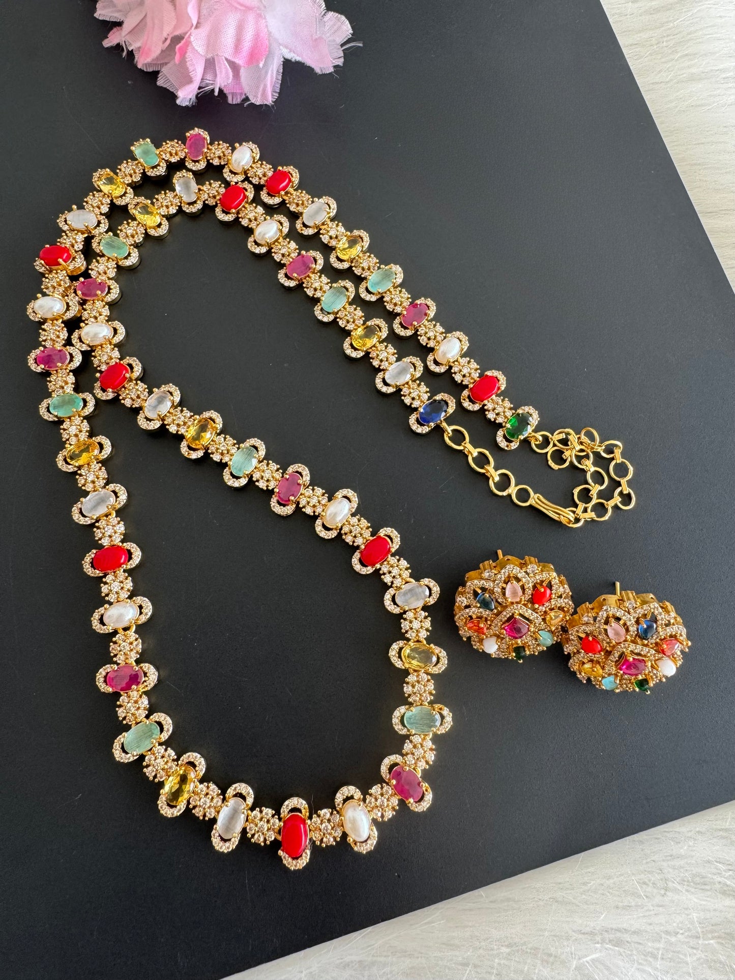 Matte finish cz navarathna oval stone lakshmi coin short haar set dj-51238