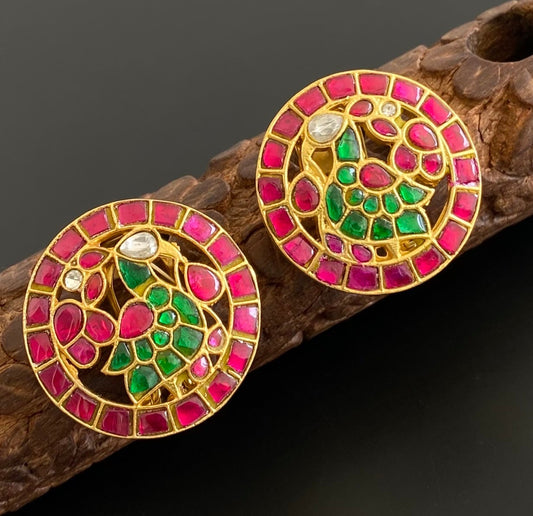 Gold tone pink-green-white kundan jadau peacock stud/earrings dj-53550
