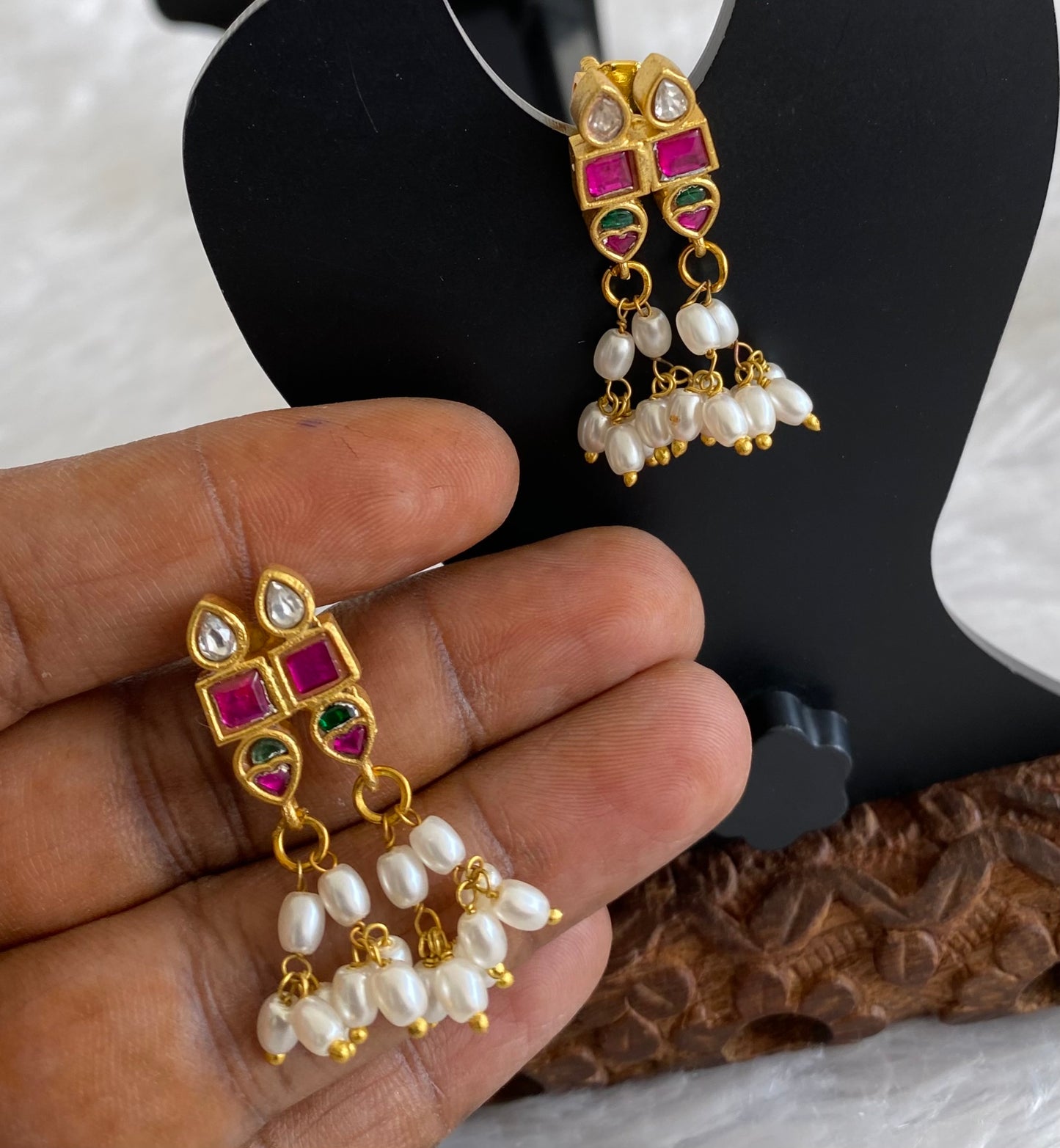 Gold tone pink-green-white stone pearl kundan jadau earrings dj-53559