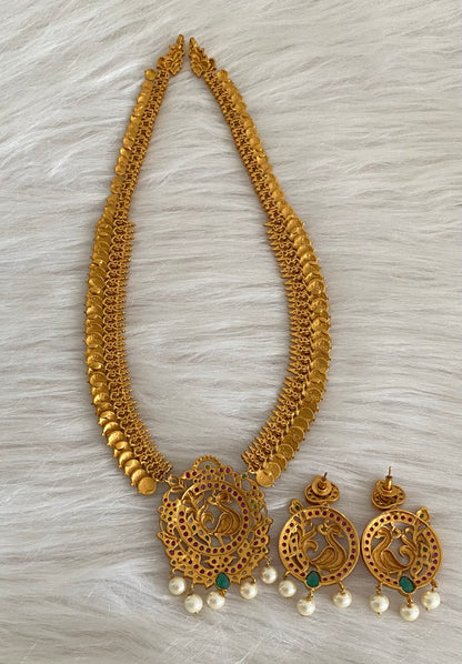 Matte finish kemp-green pearl peacock lakshmi coin haar set dj-54998