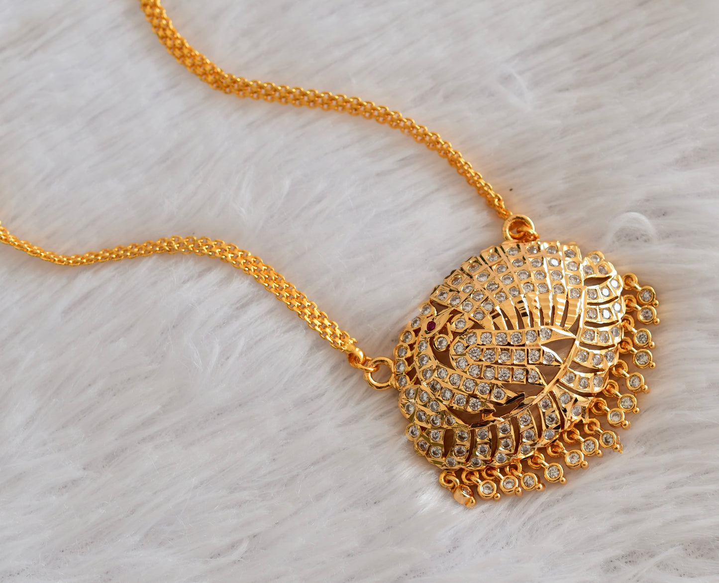 Gold tone AD white stone peacock pendant with chain dj-53320
