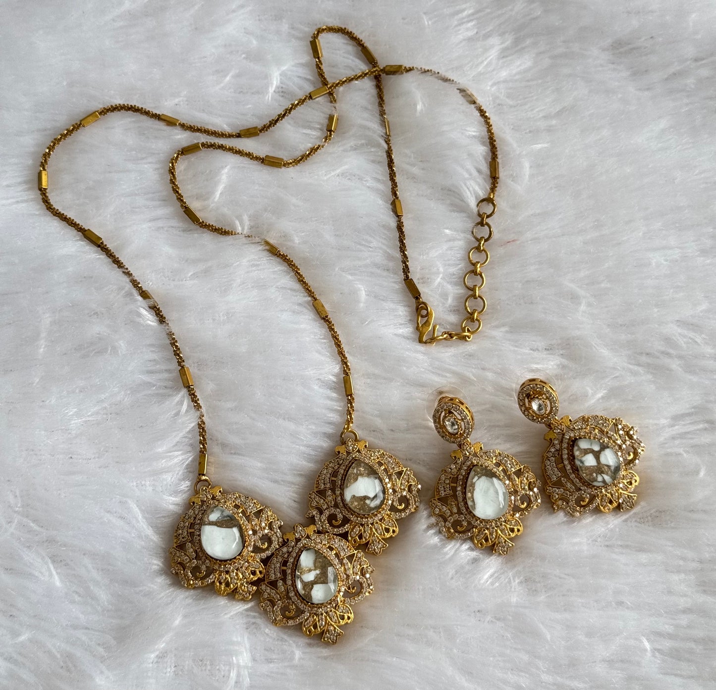 Antique gold tone white-gold fire stone long chain set dj-51092