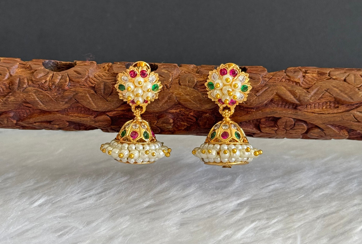Gold tone ad pink-green-white stone pearl jhumkka dj-46017