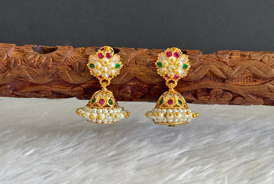 Gold tone ad pink-green-white stone pearl jhumkka dj-46017