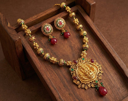 Antique gold meenakari beaded lakshmi necklace set DJ25827