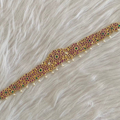 Gold tone precious kemp-green-white pearl peacock waist band dj-54737