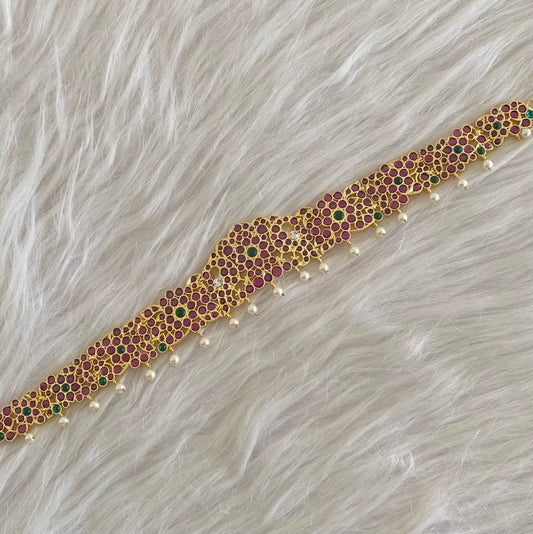 Gold tone precious kemp-green-white pearl peacock waist band dj-54737