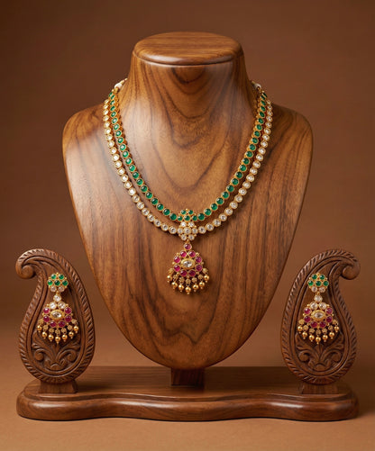 Matte finish green-white-pink double layer attigai/necklace set dj-52720