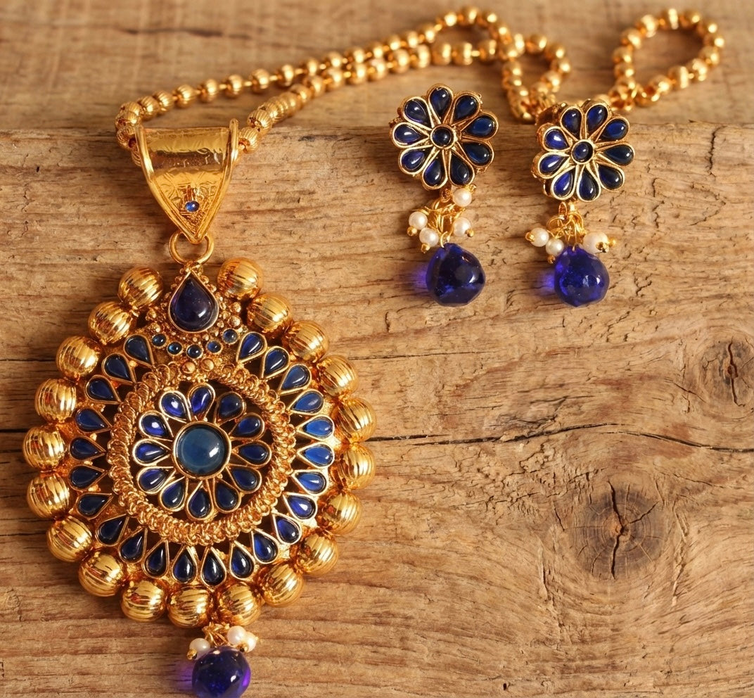 Antique gold tone blue necklace set-dj07756