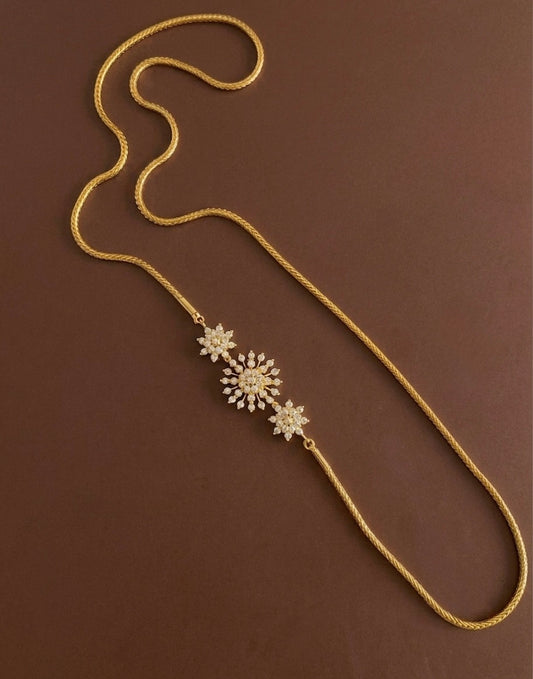 Gold tone white stone flower 30 inches mugappu chain dj-54419