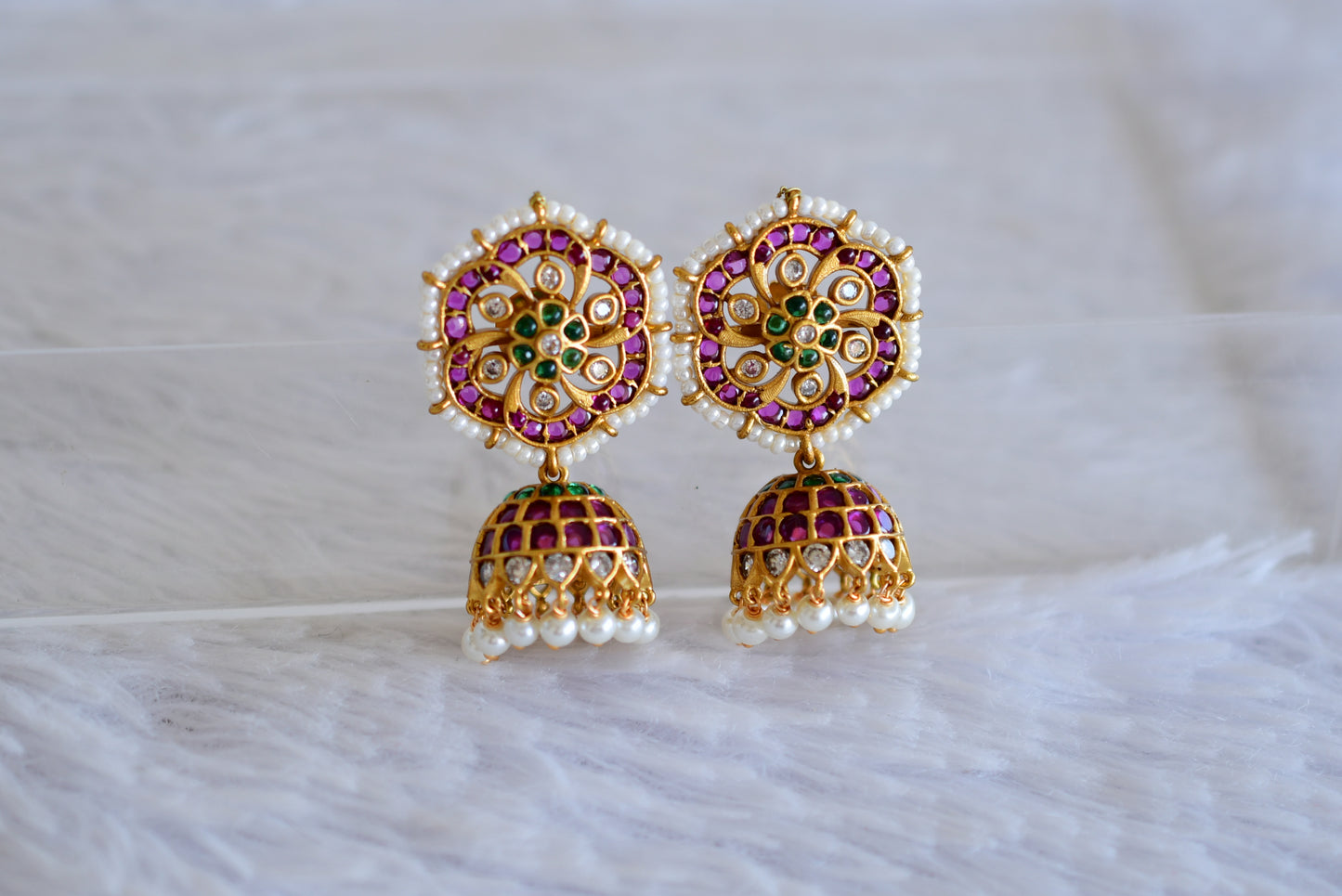 Matte finish cz kemp-green flower jhumkka dj-52550