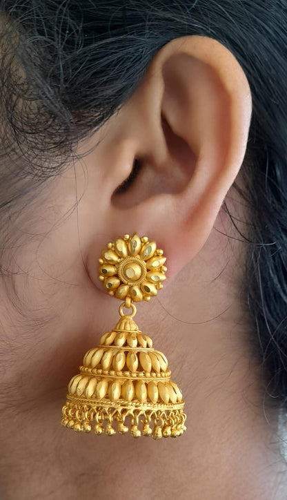 Matte gold tone Kerala style flower jhumkka dj-33977