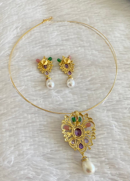 Two tone cz purple stone pendant set with kanti necklace dj-53997