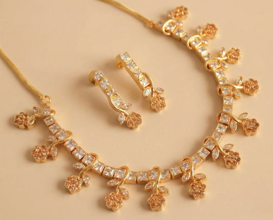 Gold Tone AD square stone flower Necklace Set DJ10801