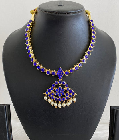 Gold tone AD dark blue stone pearl attigai flower necklace dj-55133