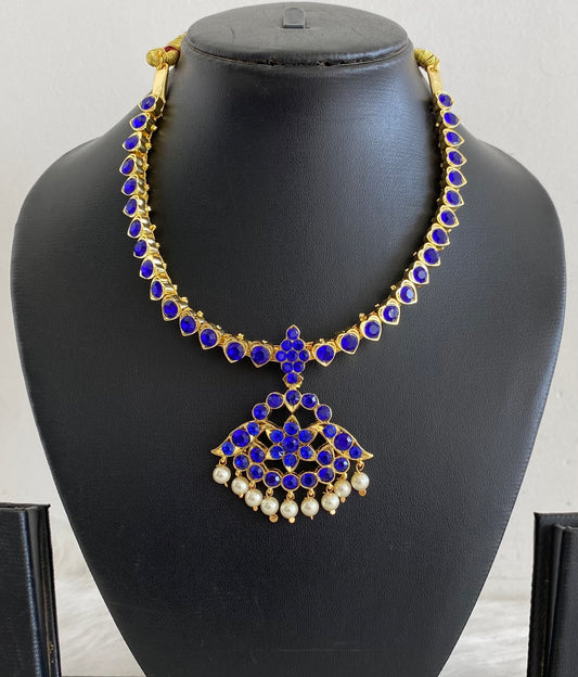 Gold tone AD dark blue stone pearl attigai flower necklace dj-55133