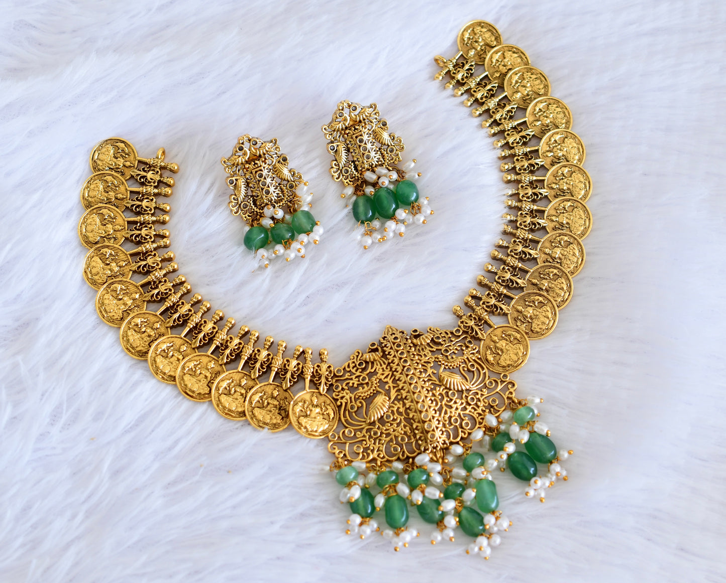 Antique gold tone green beaded pearl peacock lakshmi coin necklace set dj-53013