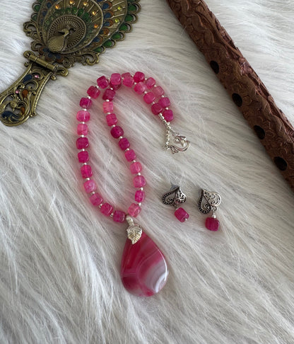 Silver Tone pink agate beaded Necklace Set Dj-51334