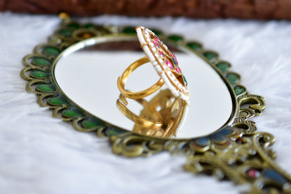 Gold tone pink-green-pearl kundan jadau round peacock finger ring dj-52367