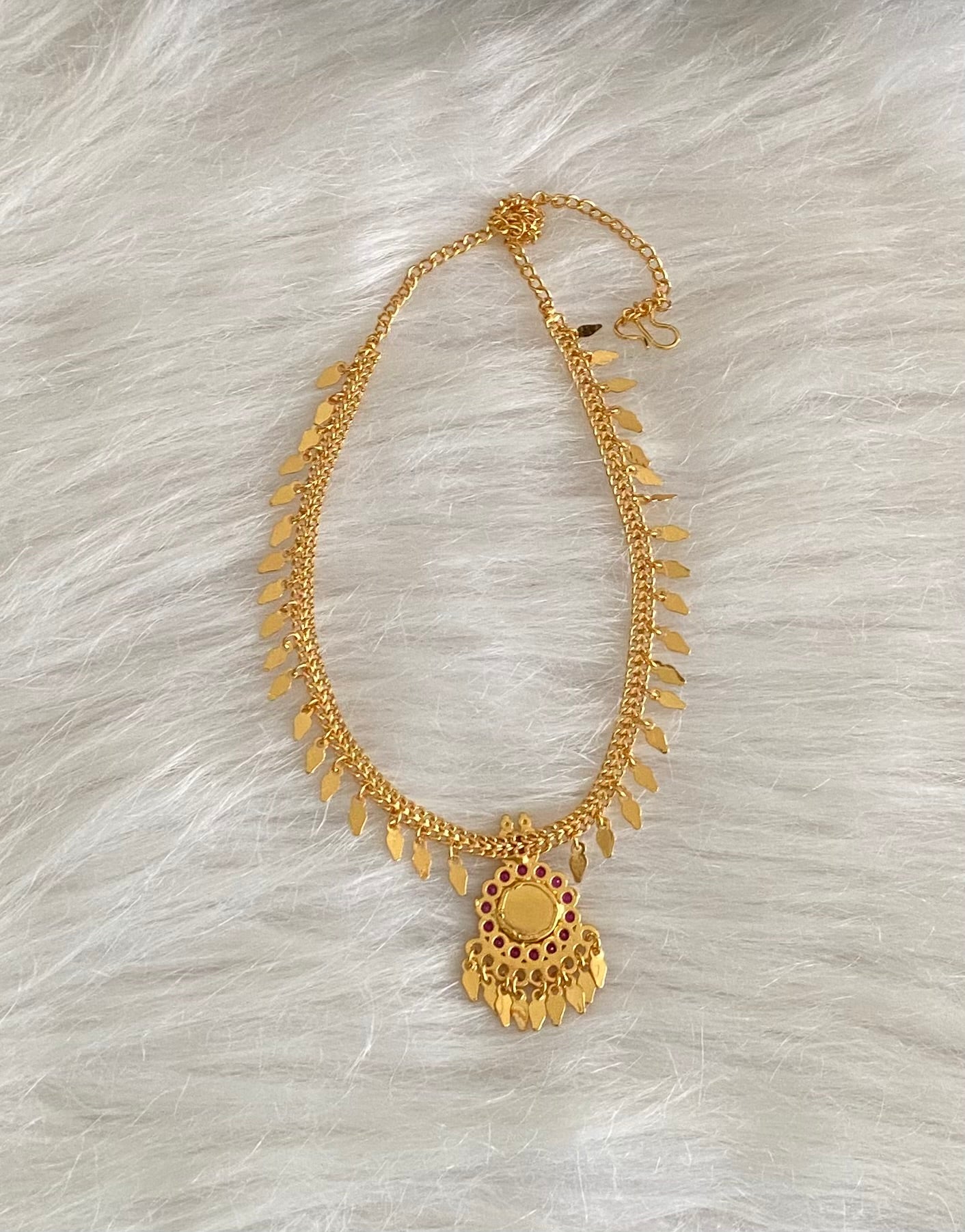 Gold tone pink-green stone elakka thali necklace  dj-54486