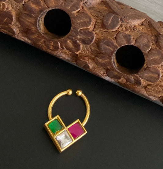 Gold tone kundan jadau pink-green-white stone nose pin/bulakku dj-53748