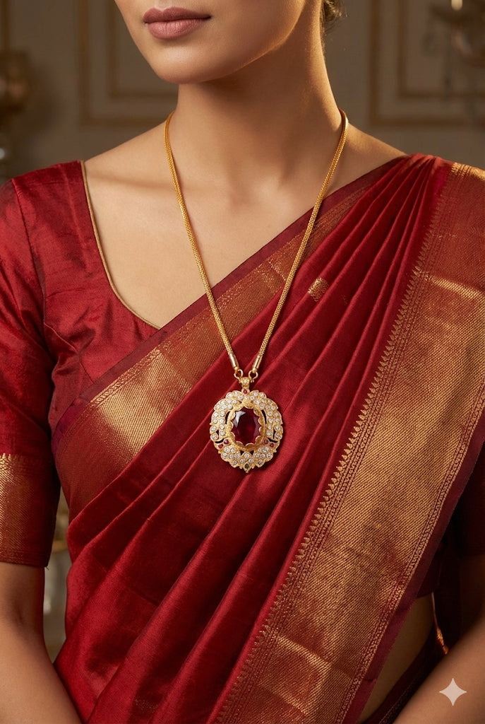 Gold tone 24 chain with red oval stone pendant dj-51912