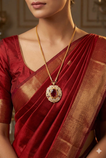 Gold tone 24 chain with red oval stone pendant dj-51912