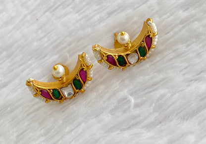 Gold tone pink-green-white pearl kundan jadau moon earrings dj-53555