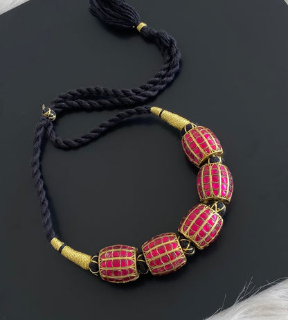 Antique gold tone big jadau beaded black thread necklace dj-54806