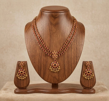 Matte finish maroon double layer attigai/necklace set dj-53180