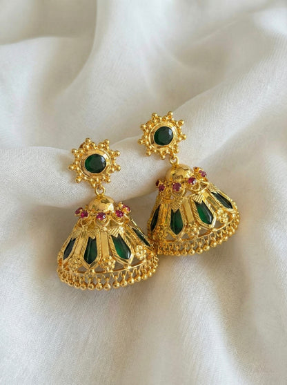 Gold tone pink-green Nagapadam Kerala style 8 petal jhumkka dj-40301