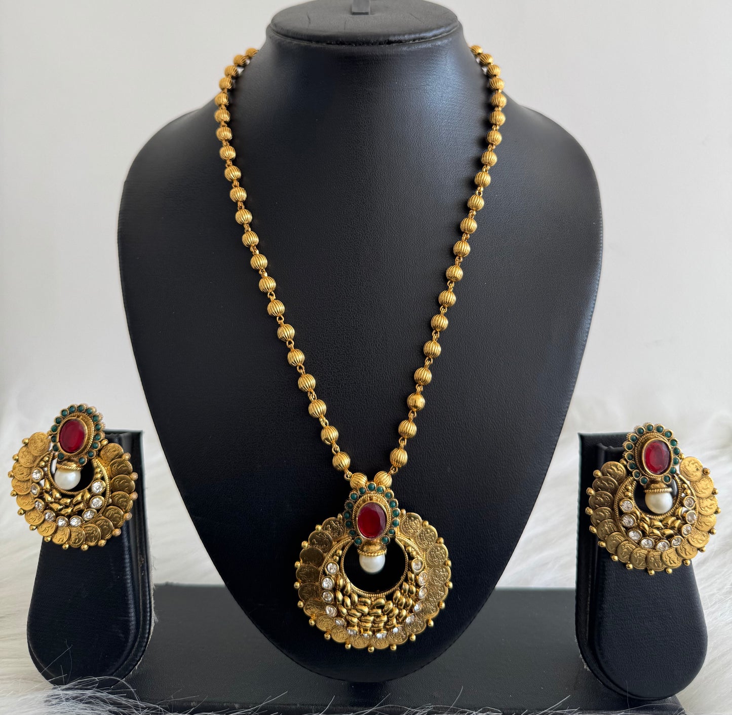Antique gold tone 18 inches ball chain with red-green-white lakshmi coin bali pendant set dj-47672