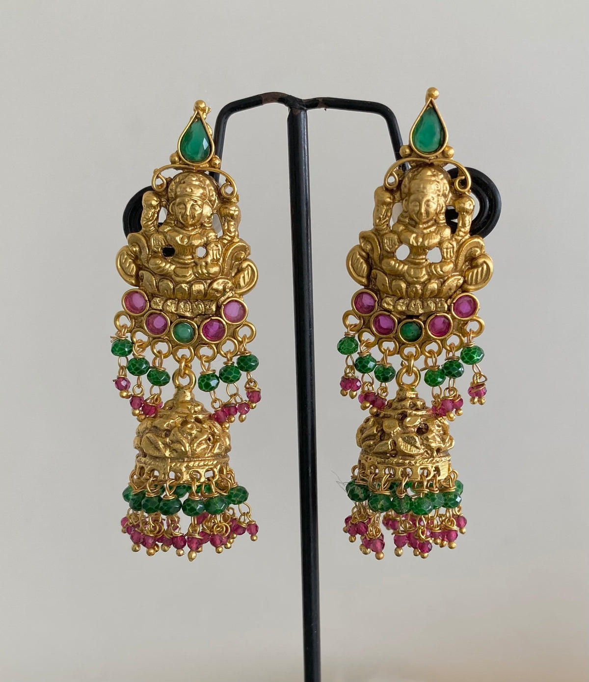 Antique gold tone ruby-green beaded lakshmi jhumkka dj-54788