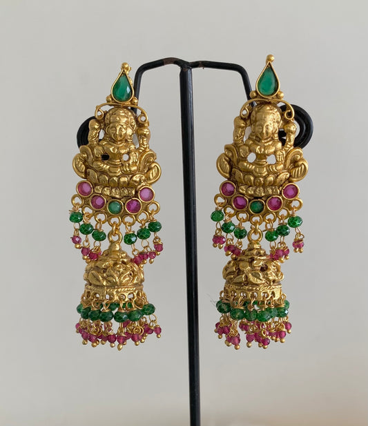 Antique gold tone ruby-green beaded lakshmi jhumkka dj-54788