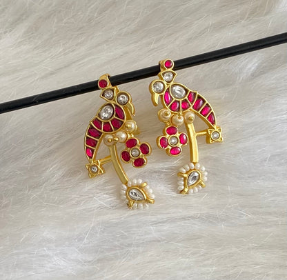 Gold tone pink-white kundan jadau bird bugadi earrings dj-54596