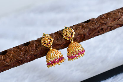 Gold tone kerala style pink-green lakshmi jhumkka dj-51805