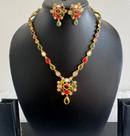Matte Finish oval stone Navarathna Necklace Set dj-52134