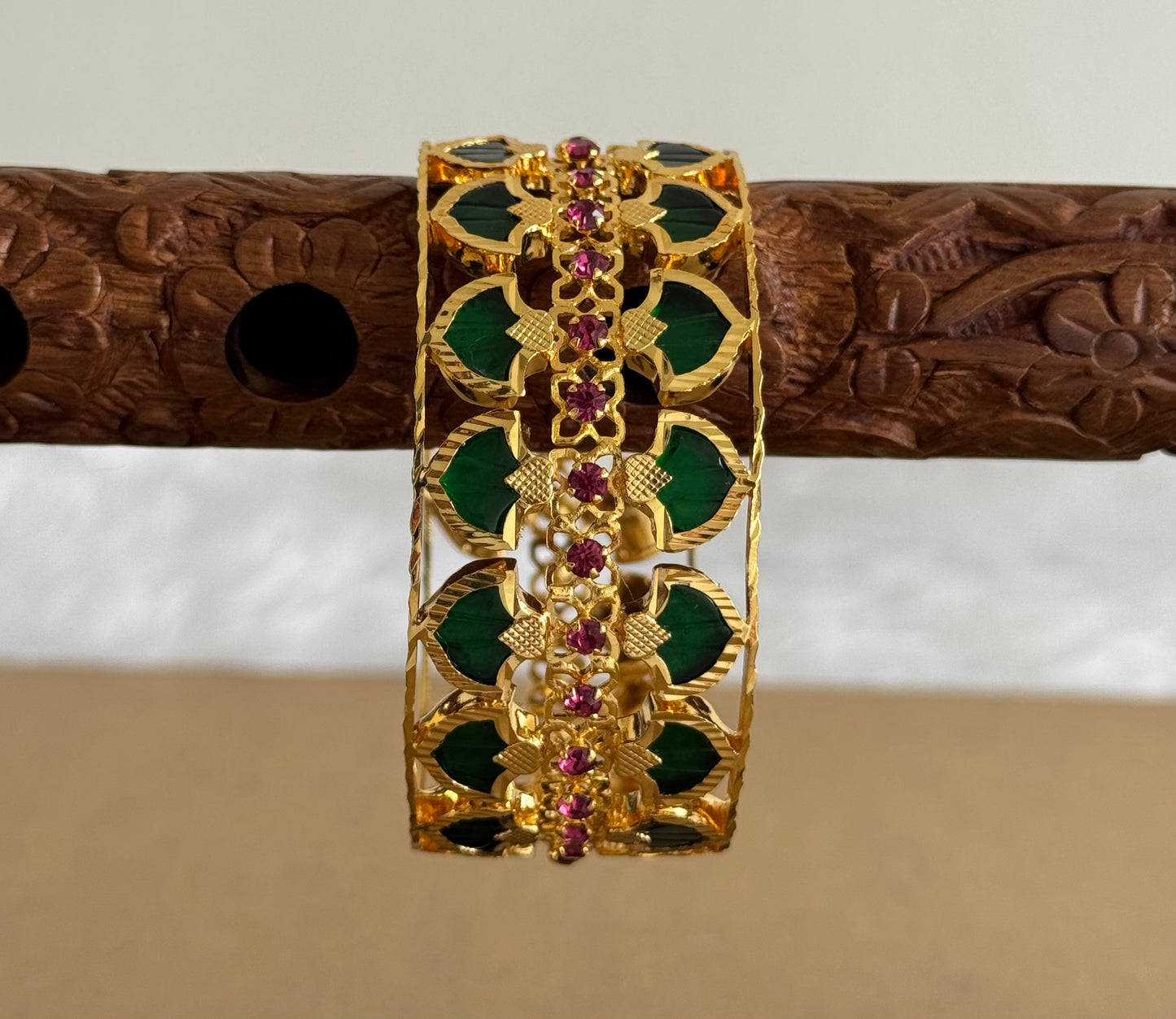Gold tone Pink-green double row Palakka Bangle(2.6) Dj-51745