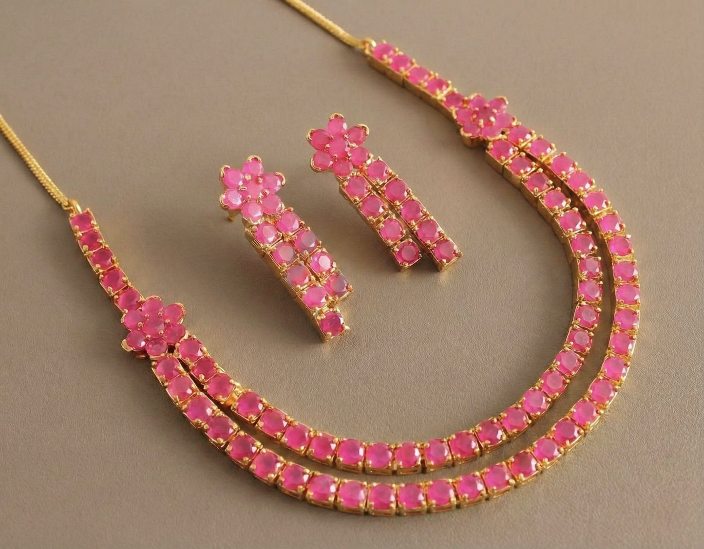 Gold tone double layer ruby necklace set-dj12354