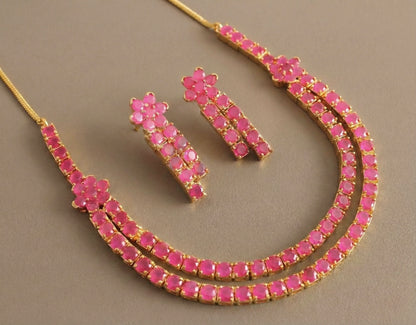 Gold tone double layer ruby necklace set-dj12354